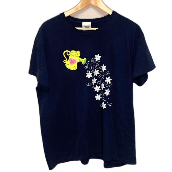Vintage Pleasant Shade Navy Watering Can Daisy Glitter SS T-Shirt Size XL - Picture 9 of 10